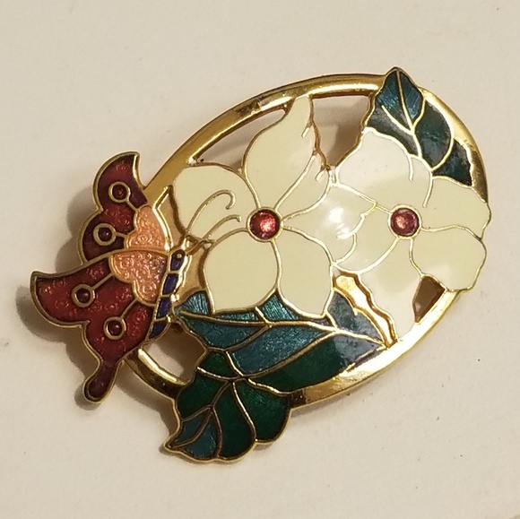 Cloisonne 80s pin/brooch, with butterfly & dogwood - Picture 1 of 4
